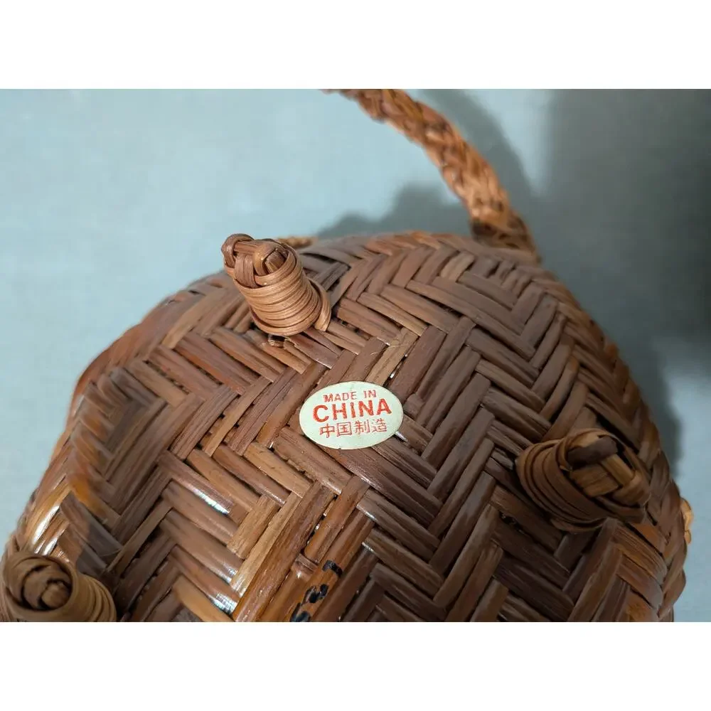 Vintage Hand Woven Wicker Turtle Basket Lidded Trinket Box Rattan Tortoise